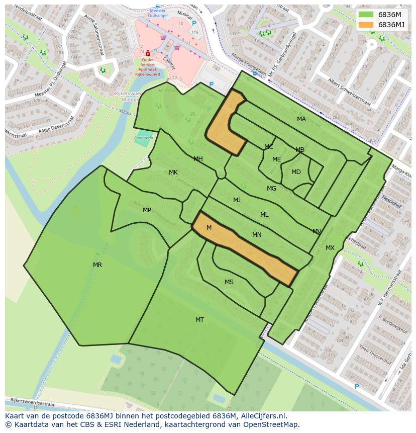 Afbeelding van het postcodegebied 6836 MJ op de kaart.
