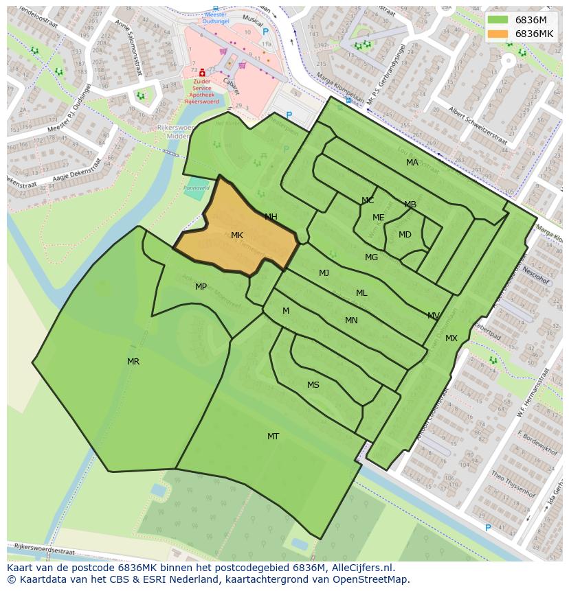 Afbeelding van het postcodegebied 6836 MK op de kaart.