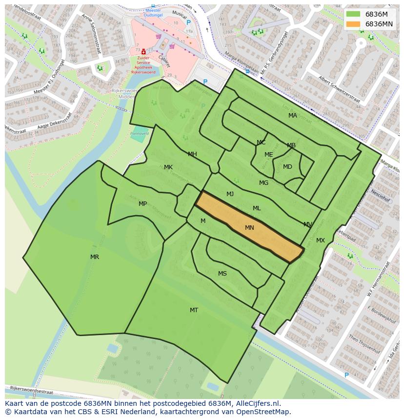 Afbeelding van het postcodegebied 6836 MN op de kaart.