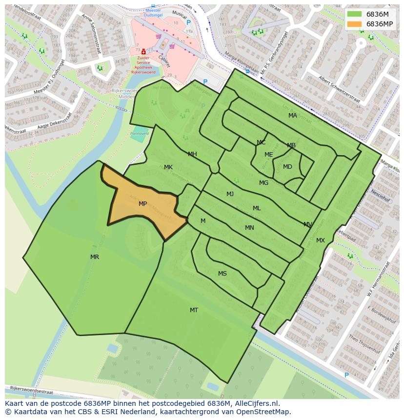 Afbeelding van het postcodegebied 6836 MP op de kaart.