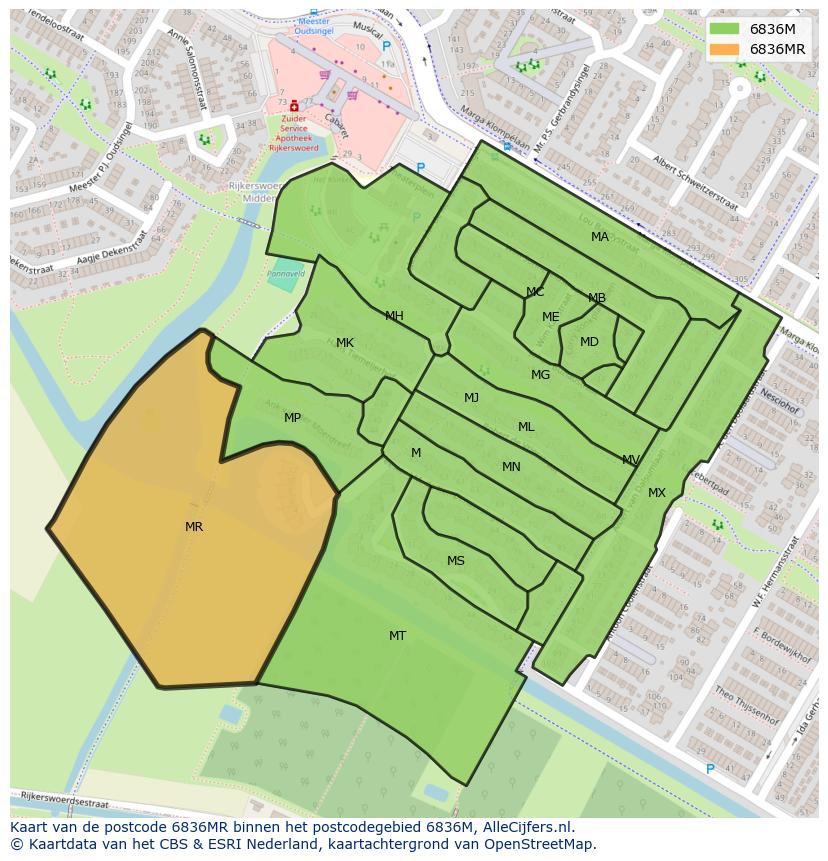 Afbeelding van het postcodegebied 6836 MR op de kaart.