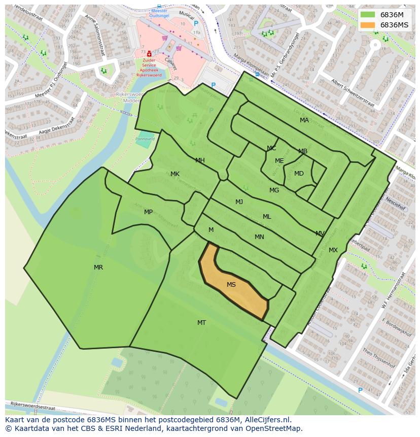 Afbeelding van het postcodegebied 6836 MS op de kaart.