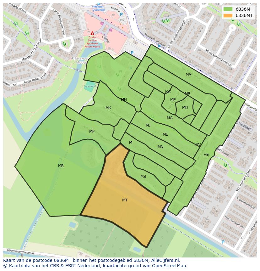 Afbeelding van het postcodegebied 6836 MT op de kaart.