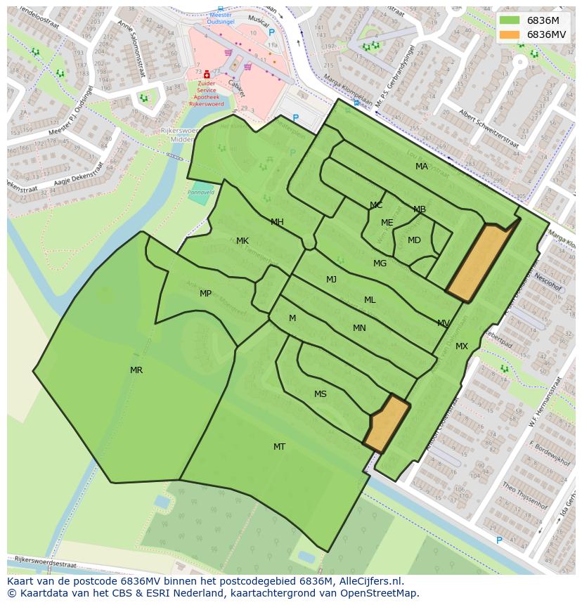 Afbeelding van het postcodegebied 6836 MV op de kaart.