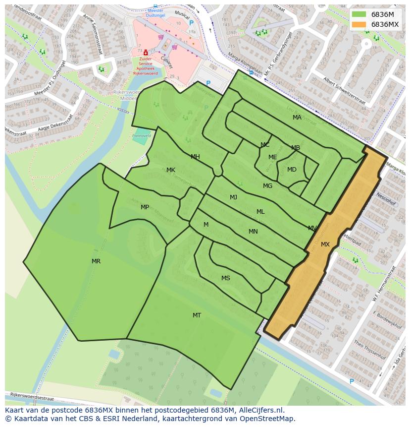 Afbeelding van het postcodegebied 6836 MX op de kaart.