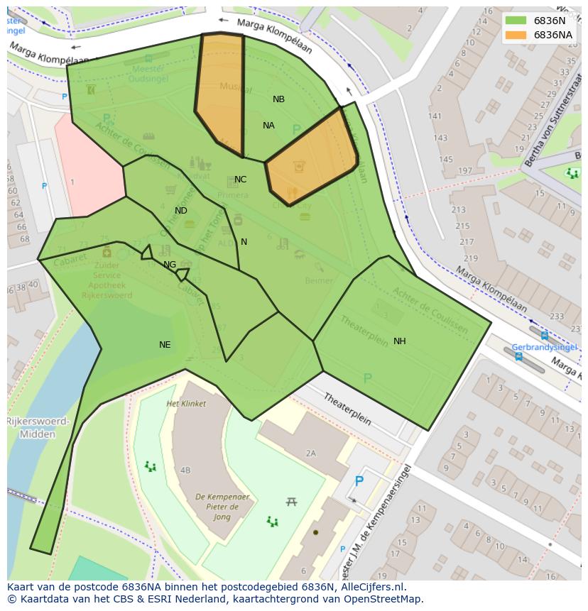 Afbeelding van het postcodegebied 6836 NA op de kaart.