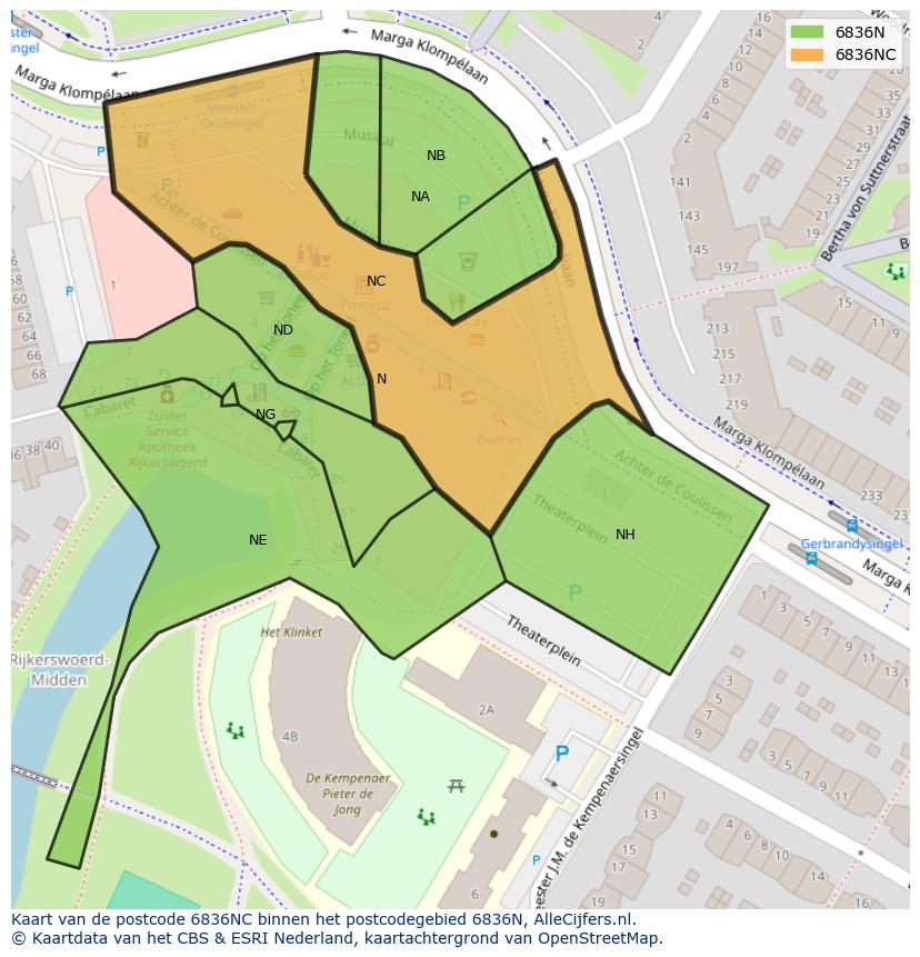 Afbeelding van het postcodegebied 6836 NC op de kaart.