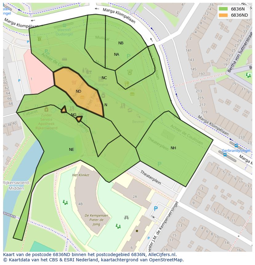 Afbeelding van het postcodegebied 6836 ND op de kaart.