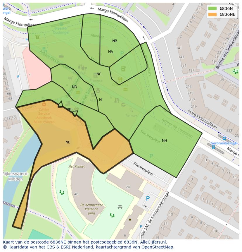 Afbeelding van het postcodegebied 6836 NE op de kaart.