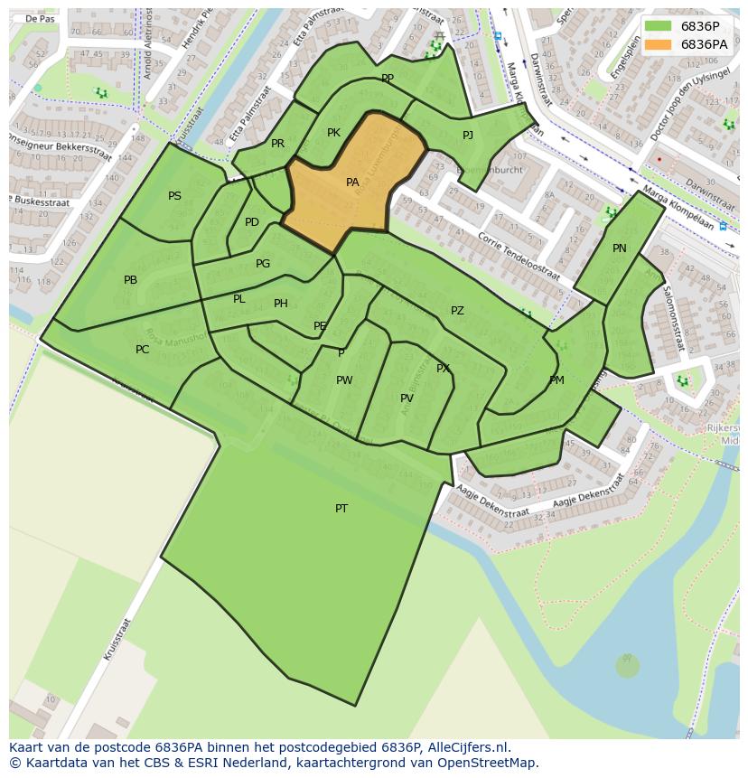 Afbeelding van het postcodegebied 6836 PA op de kaart.