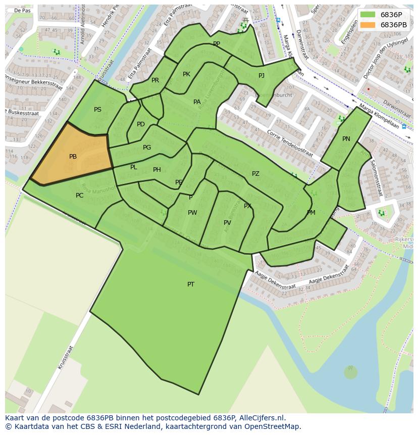 Afbeelding van het postcodegebied 6836 PB op de kaart.