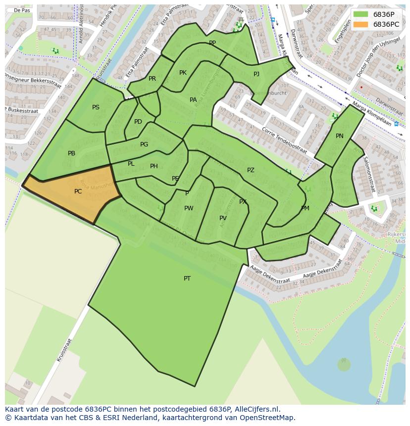 Afbeelding van het postcodegebied 6836 PC op de kaart.