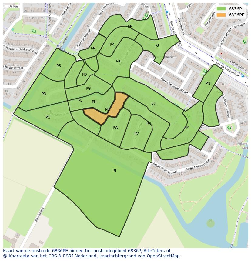 Afbeelding van het postcodegebied 6836 PE op de kaart.