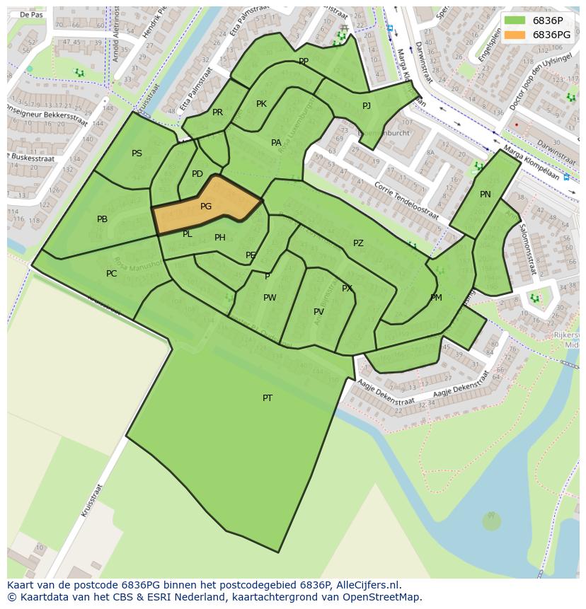 Afbeelding van het postcodegebied 6836 PG op de kaart.