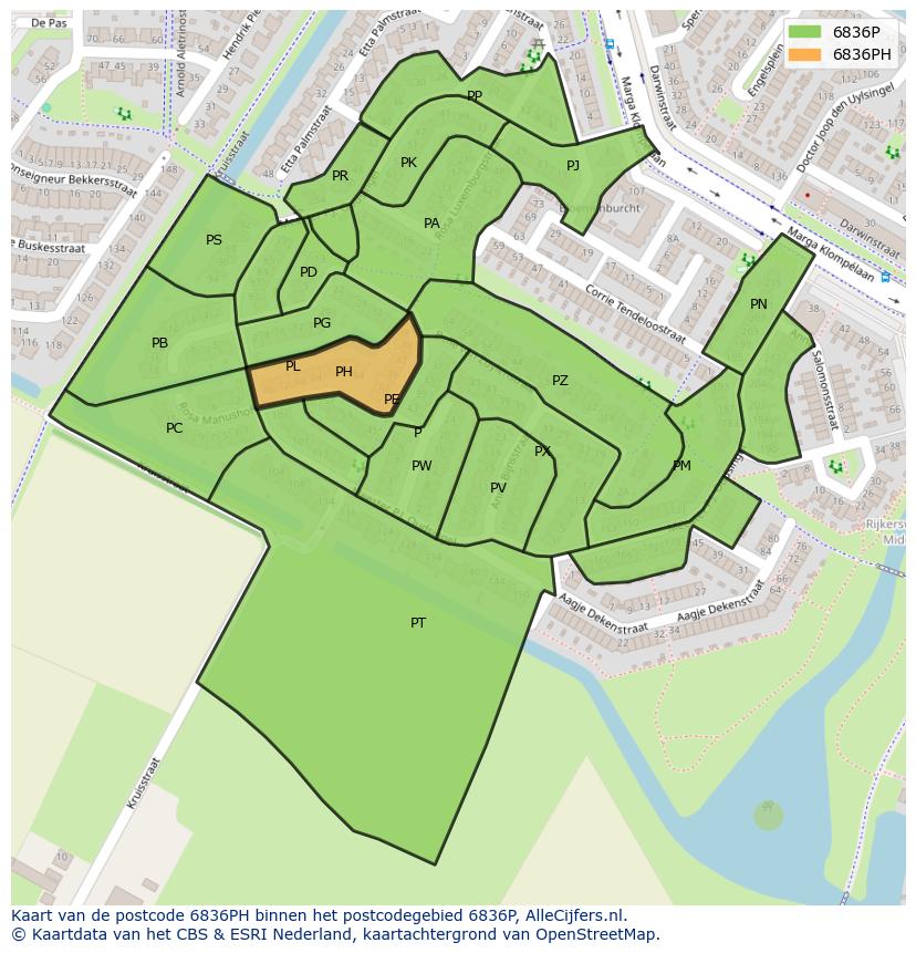 Afbeelding van het postcodegebied 6836 PH op de kaart.