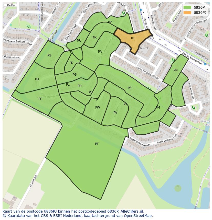 Afbeelding van het postcodegebied 6836 PJ op de kaart.