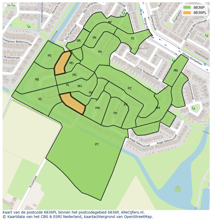 Afbeelding van het postcodegebied 6836 PL op de kaart.