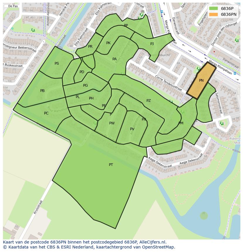 Afbeelding van het postcodegebied 6836 PN op de kaart.