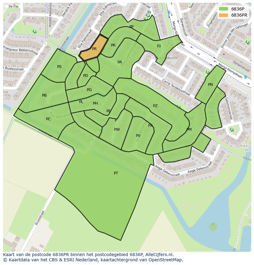 Afbeelding van het postcodegebied 6836 PR op de kaart.