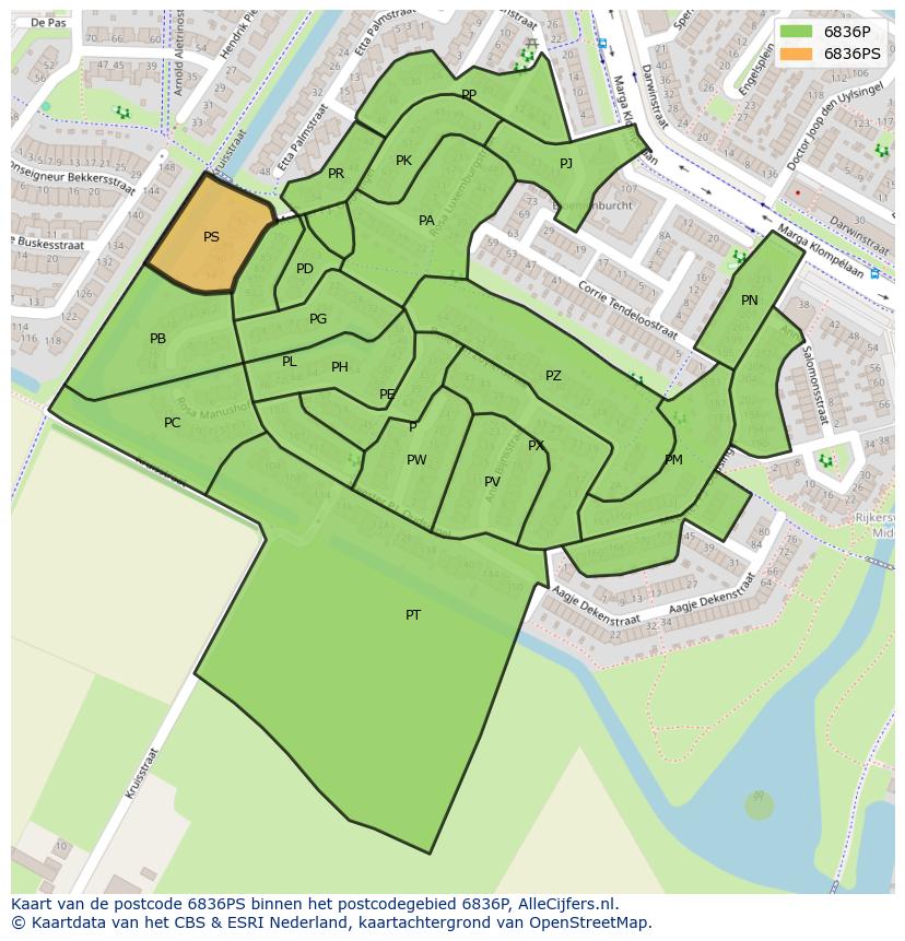 Afbeelding van het postcodegebied 6836 PS op de kaart.