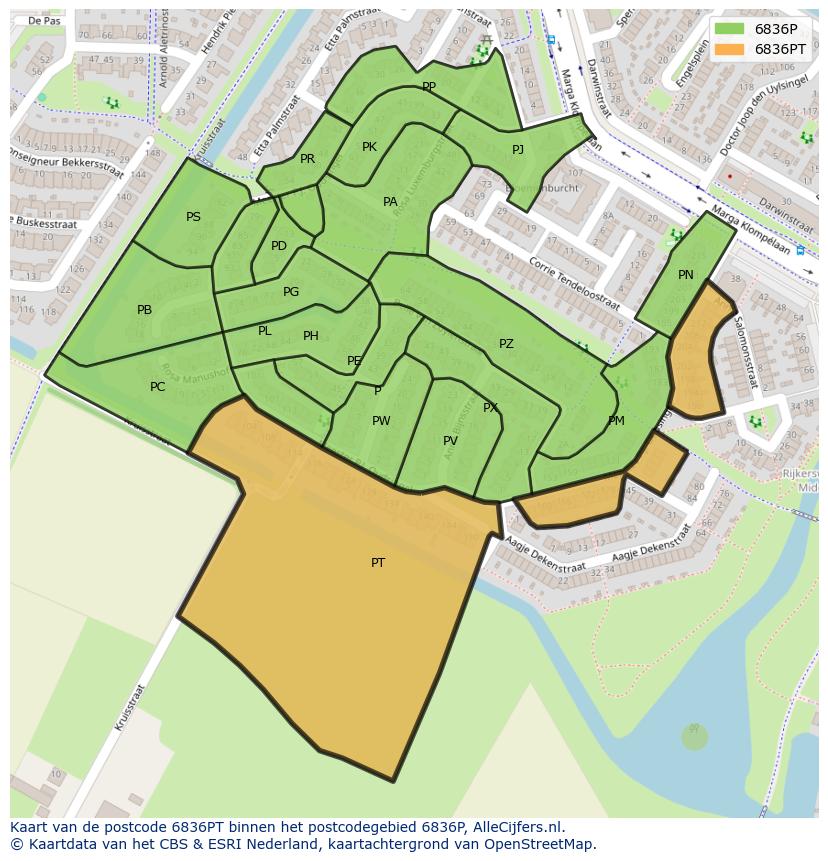 Afbeelding van het postcodegebied 6836 PT op de kaart.