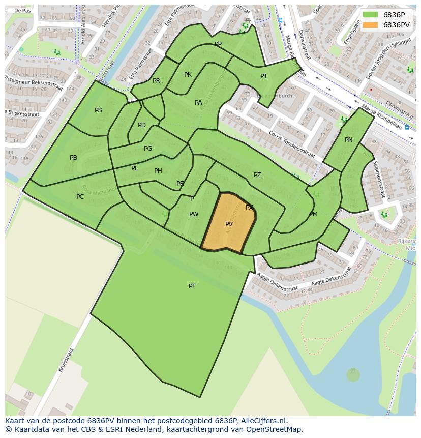 Afbeelding van het postcodegebied 6836 PV op de kaart.