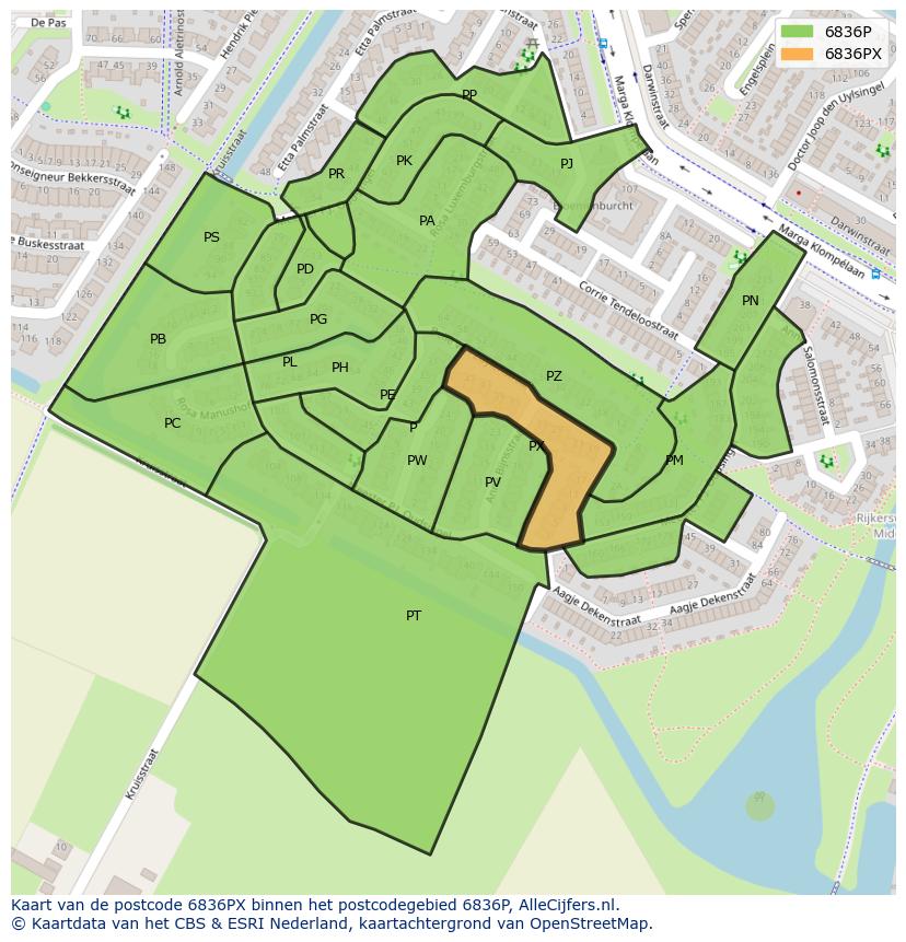 Afbeelding van het postcodegebied 6836 PX op de kaart.
