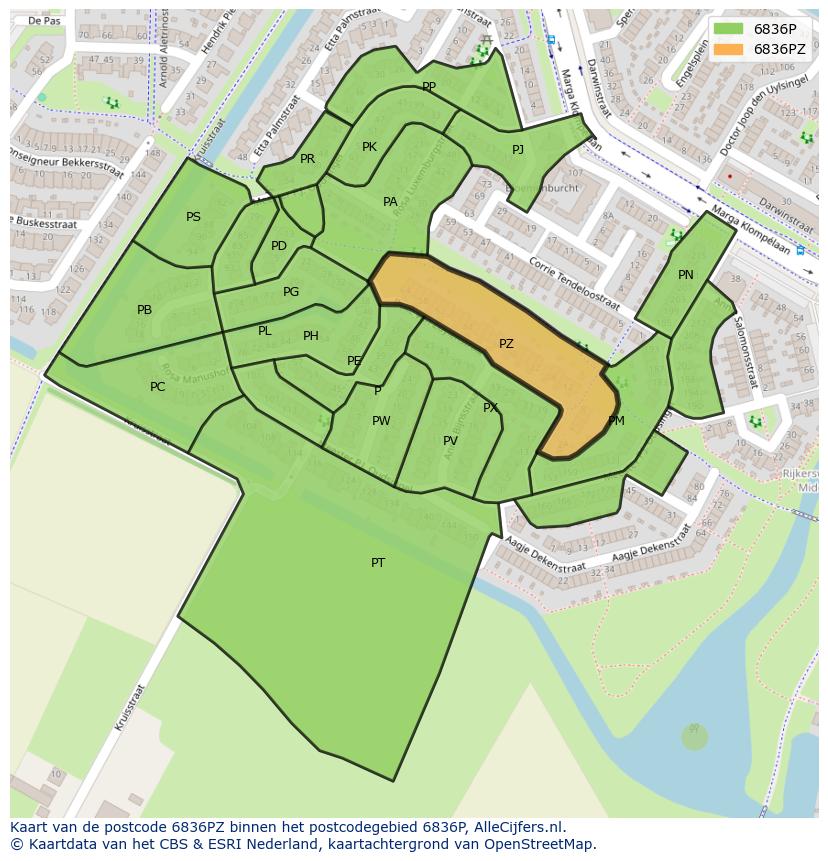 Afbeelding van het postcodegebied 6836 PZ op de kaart.