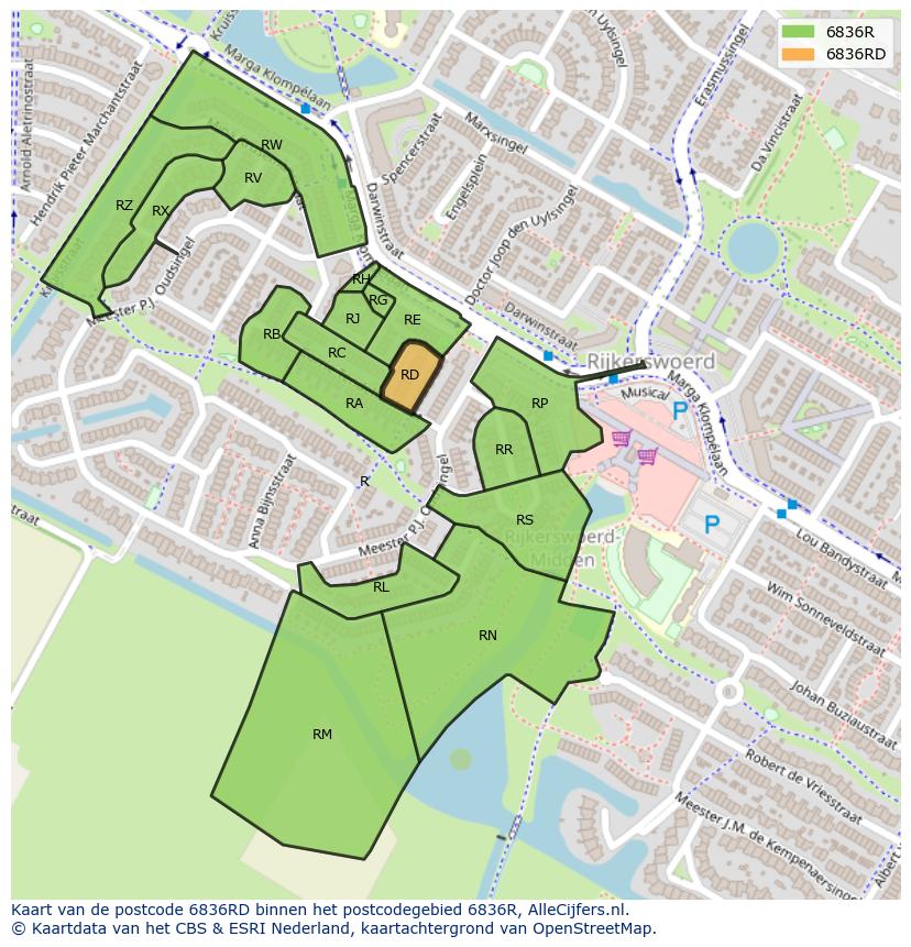 Afbeelding van het postcodegebied 6836 RD op de kaart.