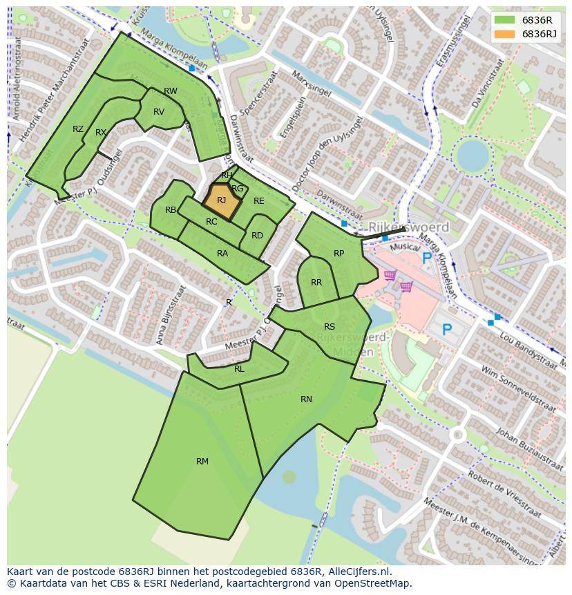 Afbeelding van het postcodegebied 6836 RJ op de kaart.