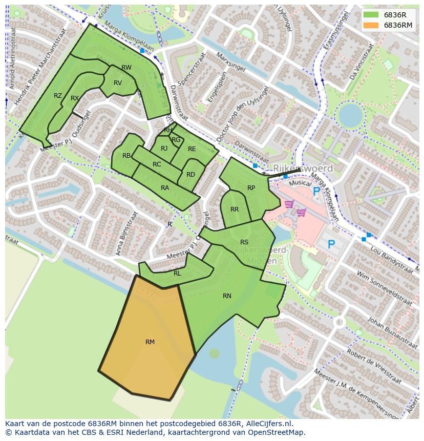 Afbeelding van het postcodegebied 6836 RM op de kaart.