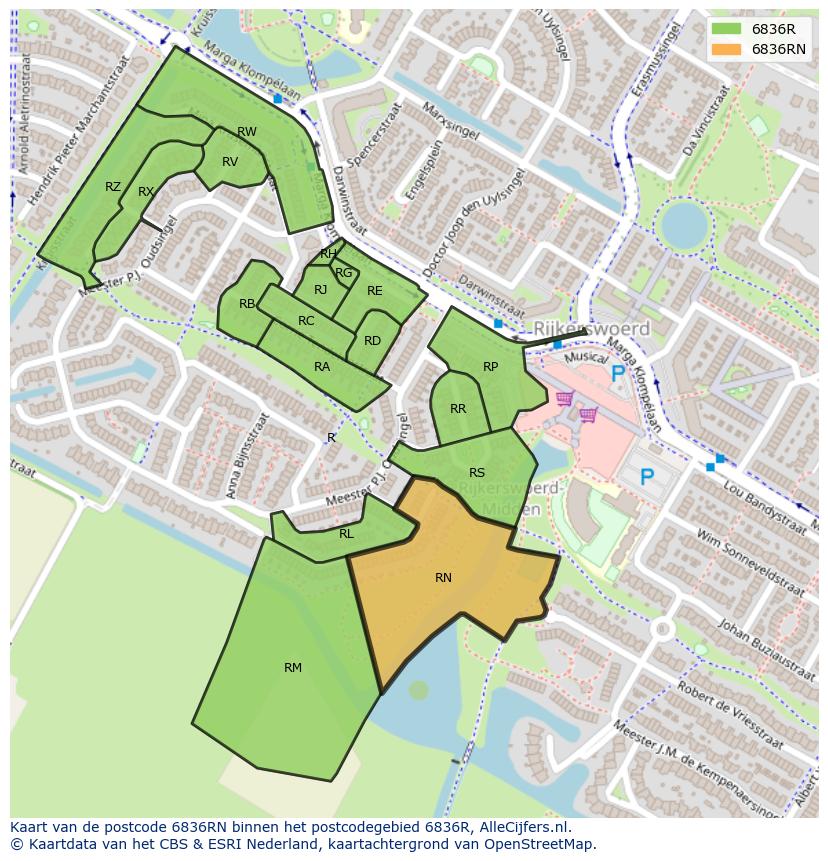 Afbeelding van het postcodegebied 6836 RN op de kaart.