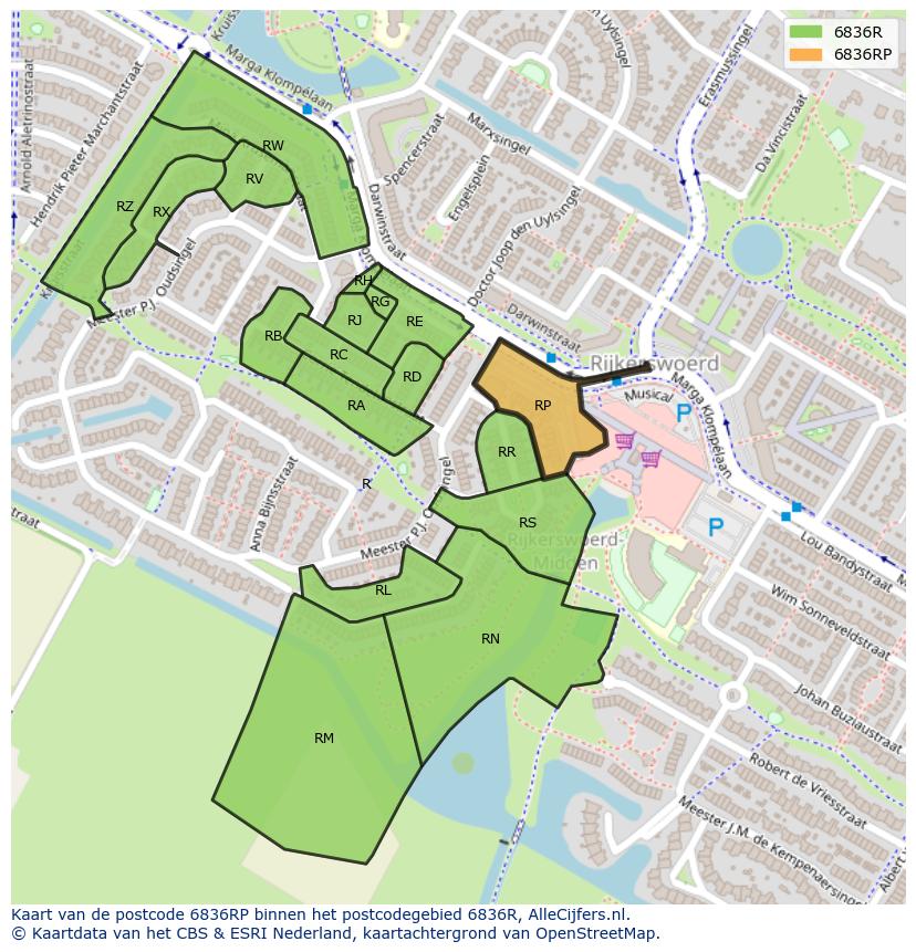 Afbeelding van het postcodegebied 6836 RP op de kaart.