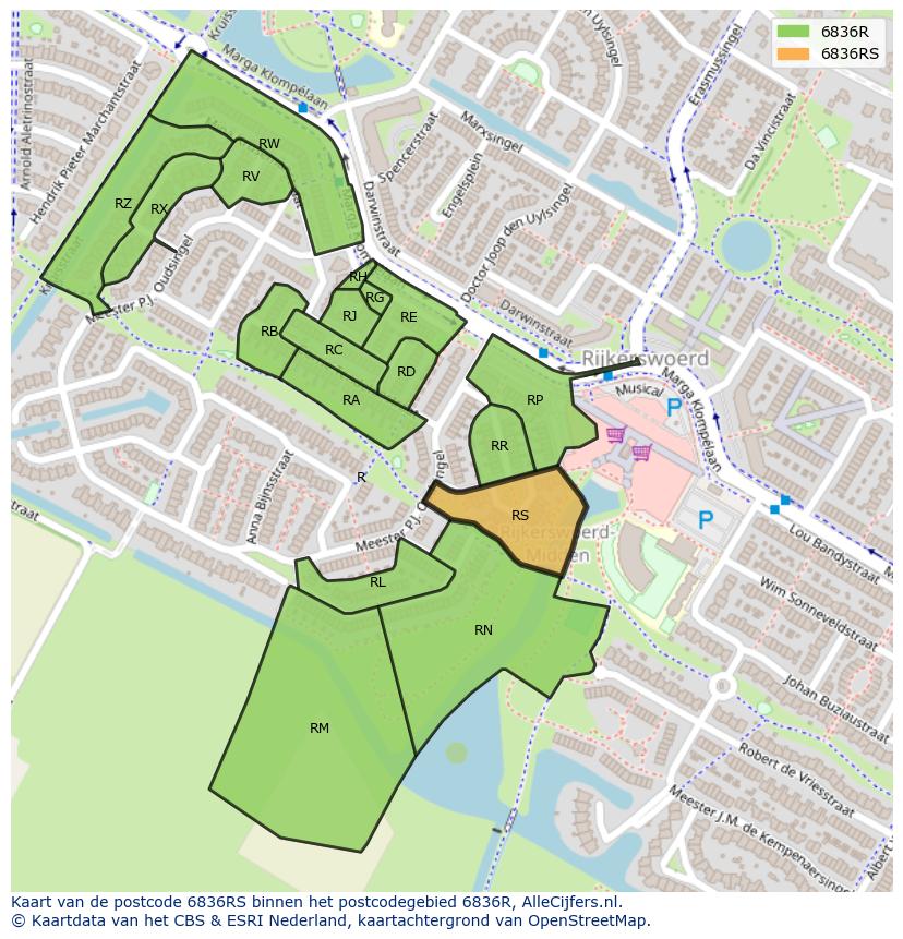 Afbeelding van het postcodegebied 6836 RS op de kaart.