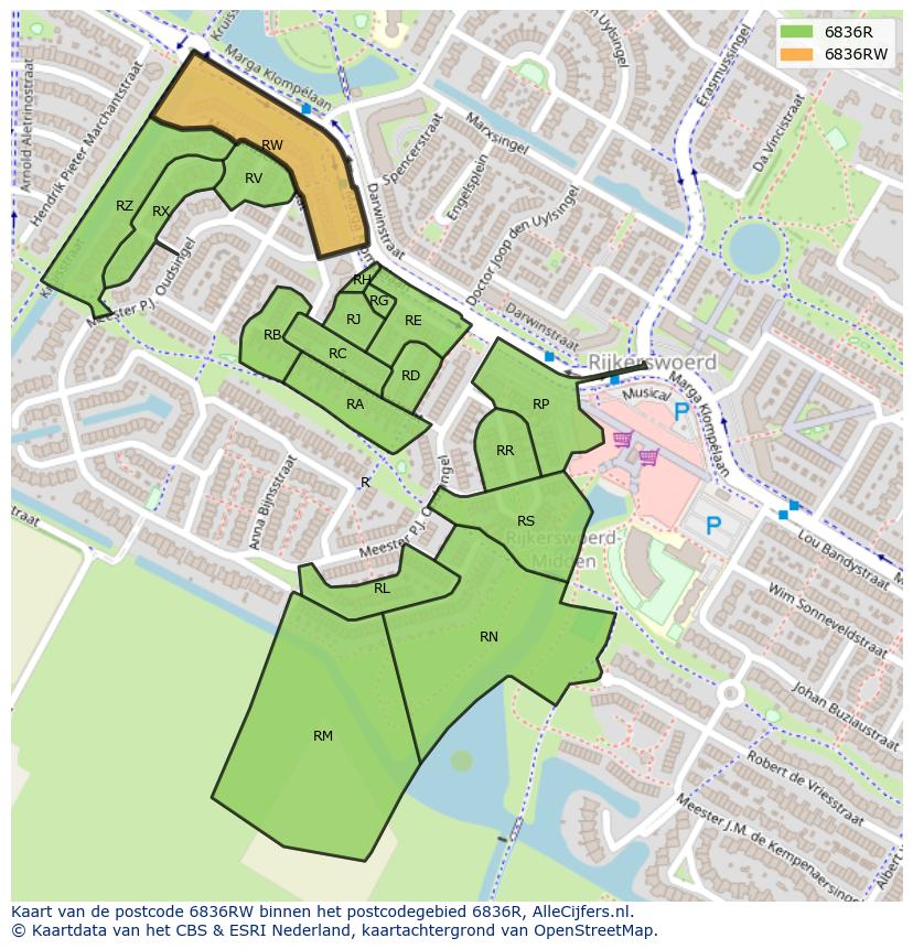 Afbeelding van het postcodegebied 6836 RW op de kaart.