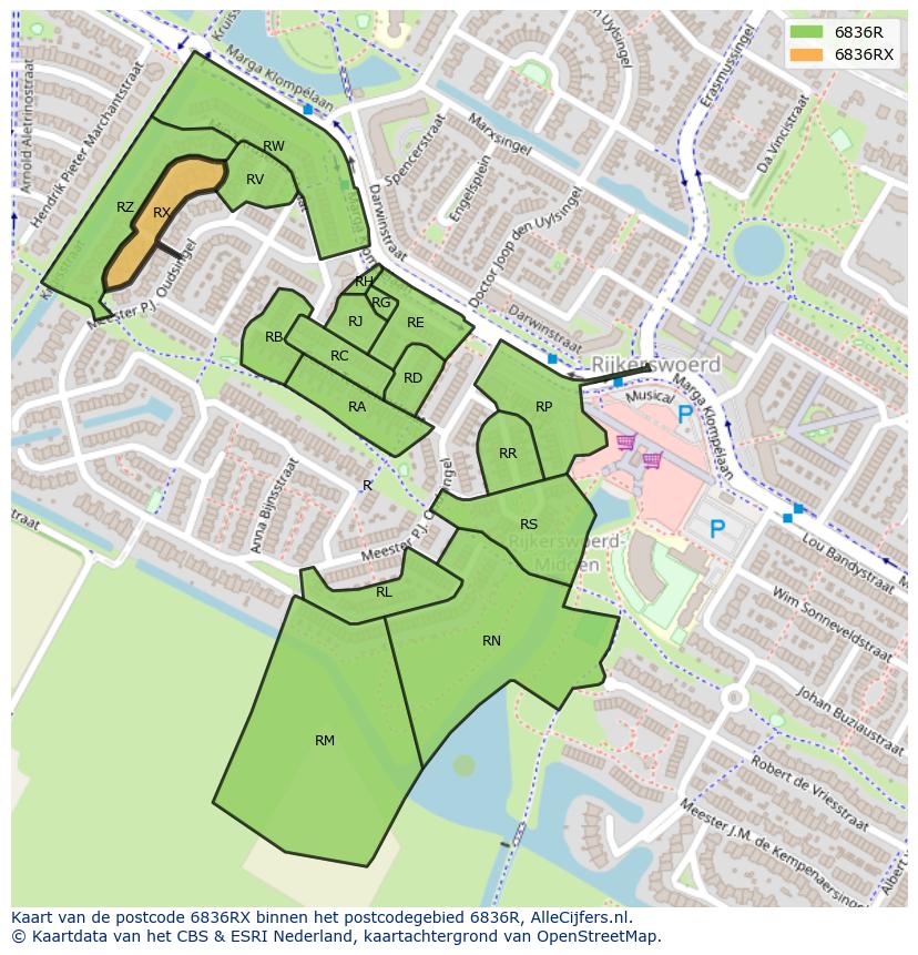 Afbeelding van het postcodegebied 6836 RX op de kaart.