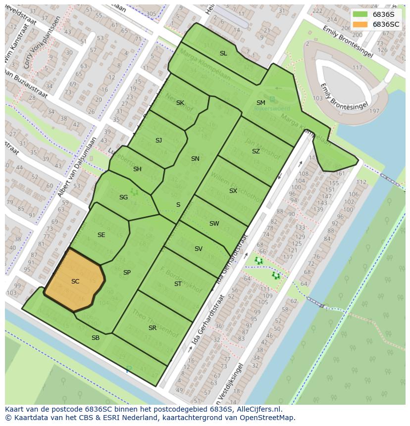 Afbeelding van het postcodegebied 6836 SC op de kaart.