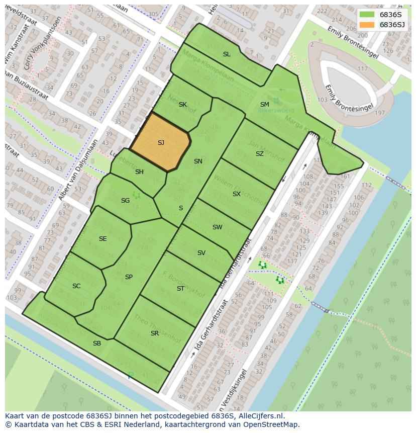 Afbeelding van het postcodegebied 6836 SJ op de kaart.