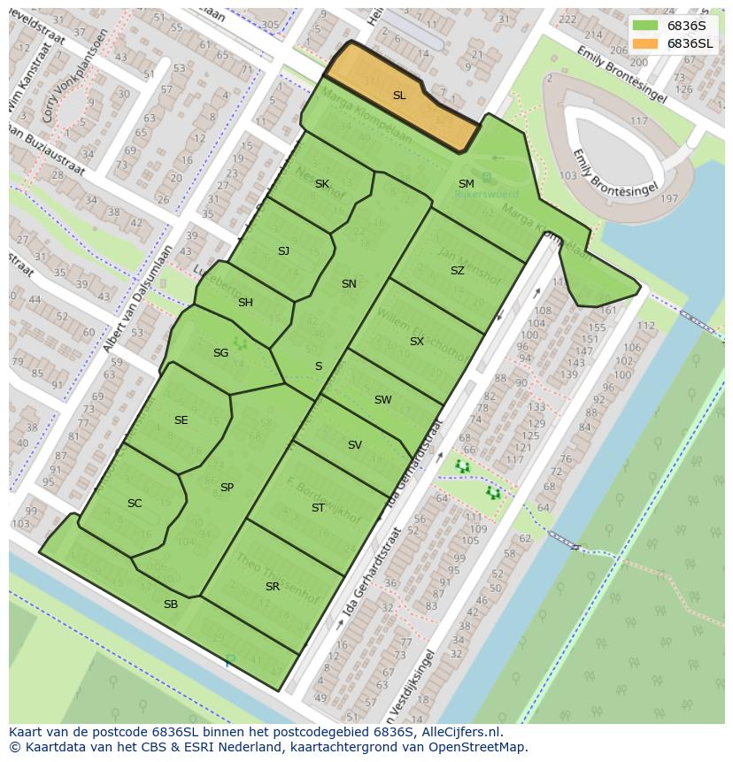 Afbeelding van het postcodegebied 6836 SL op de kaart.