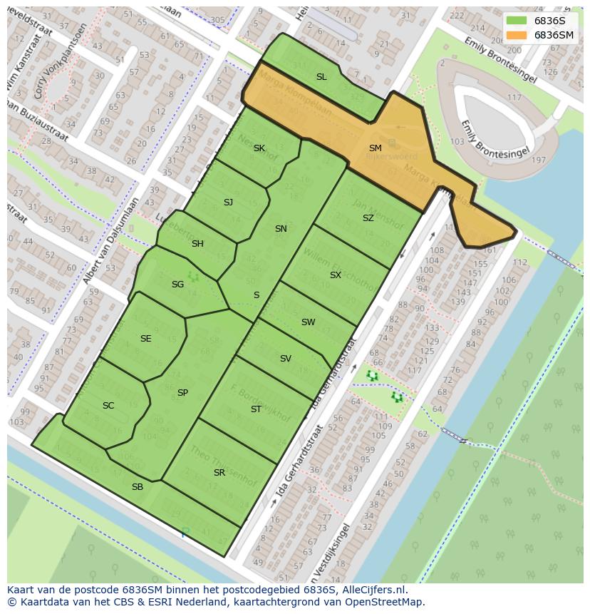 Afbeelding van het postcodegebied 6836 SM op de kaart.
