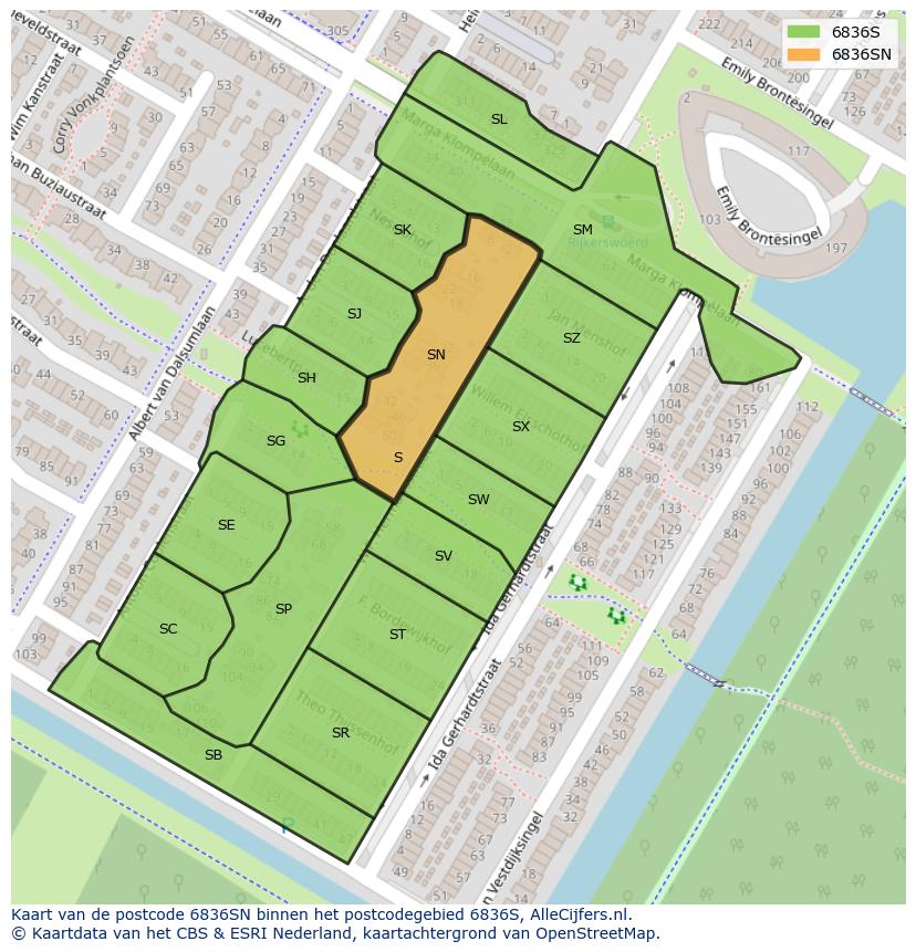 Afbeelding van het postcodegebied 6836 SN op de kaart.
