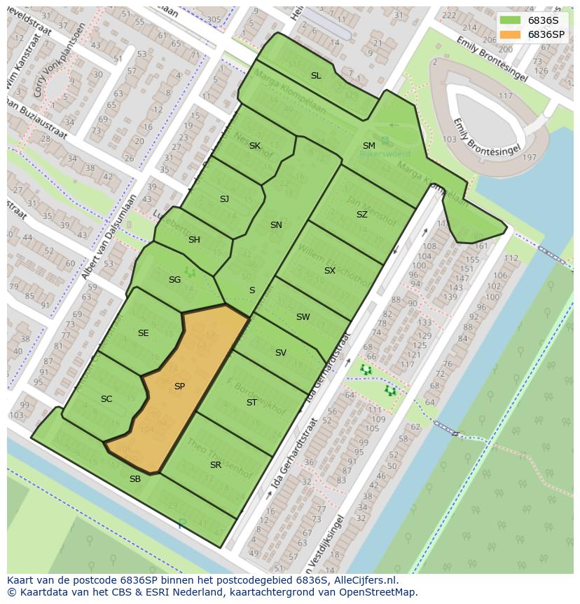 Afbeelding van het postcodegebied 6836 SP op de kaart.
