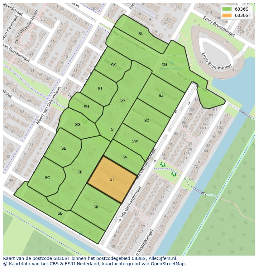 Afbeelding van het postcodegebied 6836 ST op de kaart.