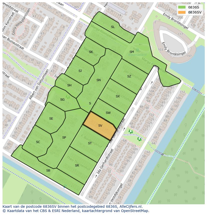 Afbeelding van het postcodegebied 6836 SV op de kaart.