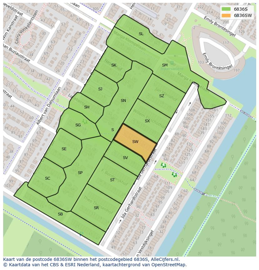 Afbeelding van het postcodegebied 6836 SW op de kaart.