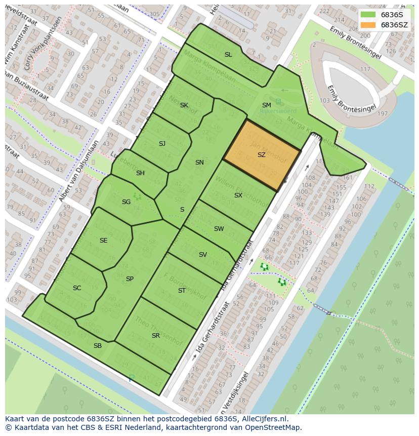 Afbeelding van het postcodegebied 6836 SZ op de kaart.