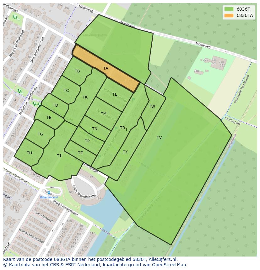 Afbeelding van het postcodegebied 6836 TA op de kaart.