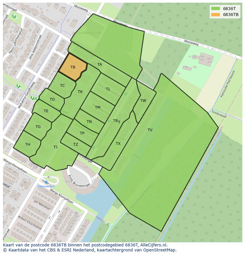 Afbeelding van het postcodegebied 6836 TB op de kaart.