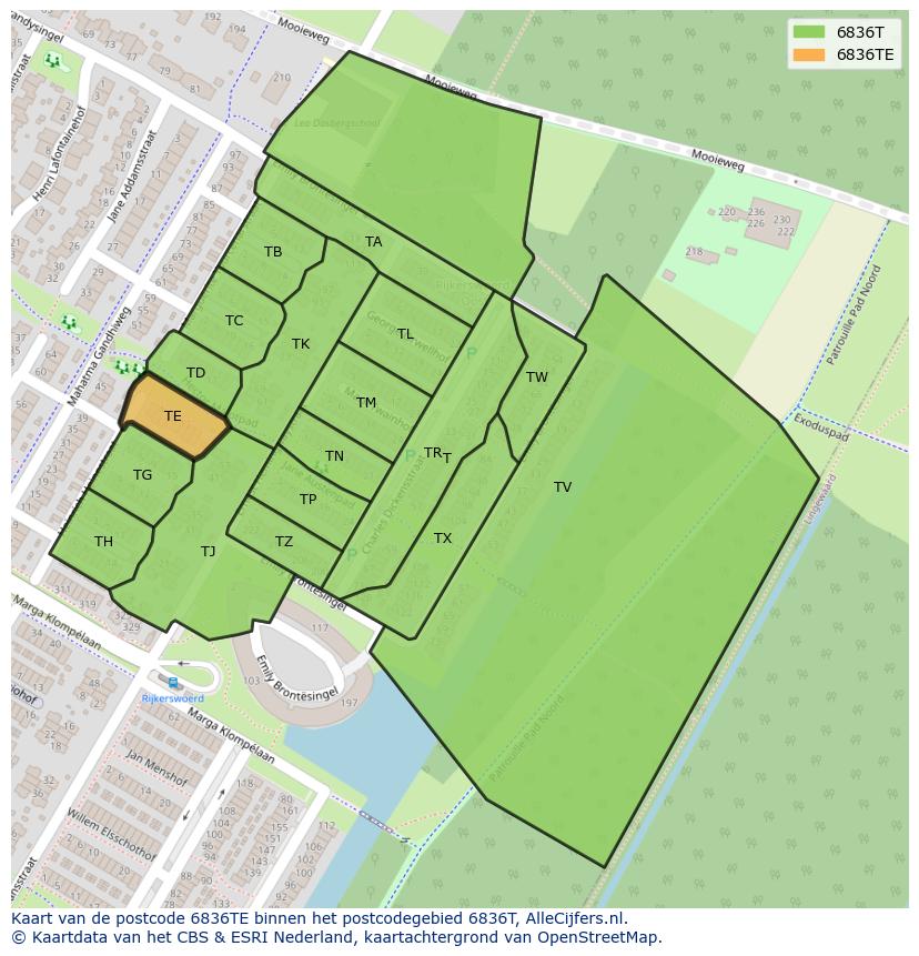 Afbeelding van het postcodegebied 6836 TE op de kaart.