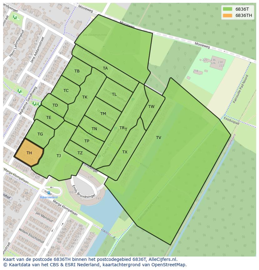 Afbeelding van het postcodegebied 6836 TH op de kaart.
